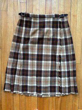 Pure Wool Plaid Wrap Skirt in Brown and Cream Made in Scotland